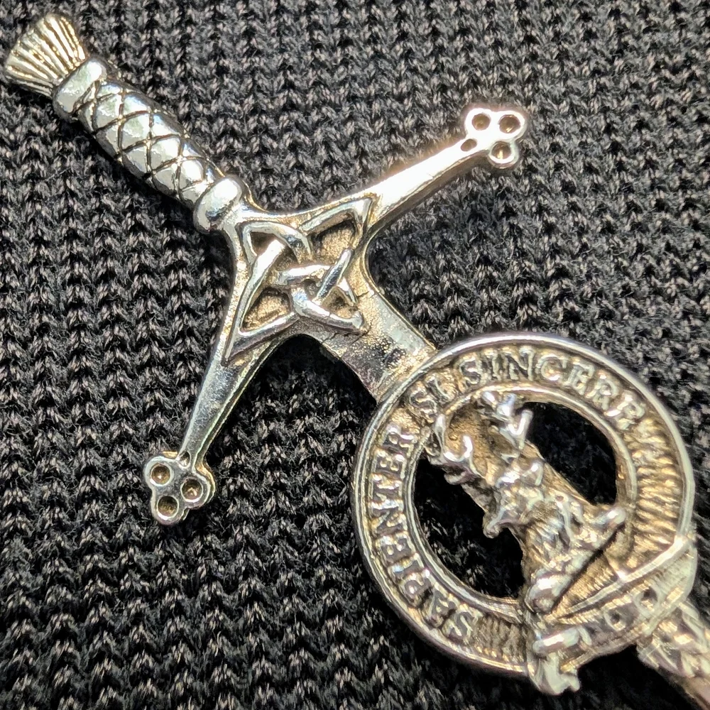 VTG Kilt Pin Sapienter Sincere Scottish Sword Brooch Pewter Clan Farquharson Pin